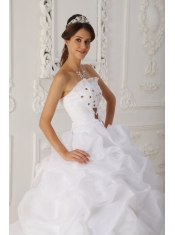 White Ball Gown Strapless Court Train Organza Beading and Hand Flower Quinceanera Dress