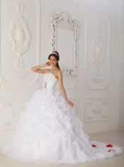 White Ball Gown Strapless Court Train Organza Beading and Hand Flower Quinceanera Dress