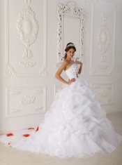 White Ball Gown Strapless Court Train Organza Beading and Hand Flower Quinceanera Dress