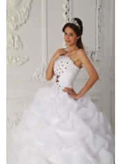 White Ball Gown Strapless Court Train Organza Beading and Hand Flower Quinceanera Dress