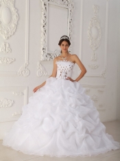 White Ball Gown Strapless Court Train Organza Beading and Hand Flower Quinceanera Dress