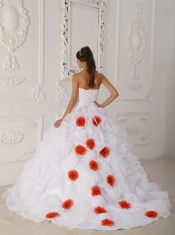 White Ball Gown Strapless Court Train Organza Beading and Hand Flower Quinceanera Dress