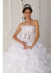 White Ball Gown Strapless Court Train Organza Beading and Hand Flower Quinceanera Dress