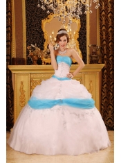 White Ball Gown Strapless Floor-length Appliques Satin and Organza Quinceanera Dress