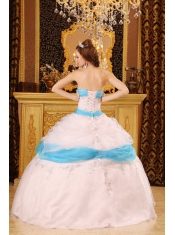 White Ball Gown Strapless Floor-length Appliques Satin and Organza  Quinceanera Dress
