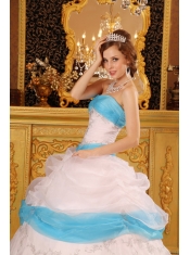 White Ball Gown Strapless Floor-length Appliques Satin and Organza  Quinceanera Dress