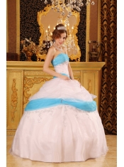 White Ball Gown Strapless Floor-length Appliques Satin and Organza  Quinceanera Dress
