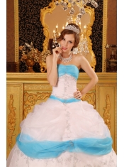 White Ball Gown Strapless Floor-length Appliques Satin and Organza  Quinceanera Dress
