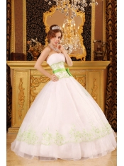 White Ball Gown Strapless Floor-length Organza and Taffeta Appliques Quinceanera Dress