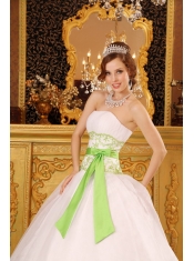 White Ball Gown Strapless Floor-length Organza and Taffeta Appliques Quinceanera Dress