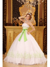 White Ball Gown Strapless Floor-length Organza and Taffeta Appliques Quinceanera Dress