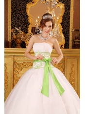 White Ball Gown Strapless Floor-length Organza and Taffeta Appliques Quinceanera Dress