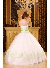 White Ball Gown Strapless Floor-length Organza and Taffeta Appliques Quinceanera Dress