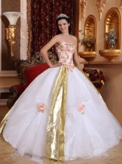 White Ball Gown Strapless Floor-length Organza Beading and Appliques Quinceanera Dress