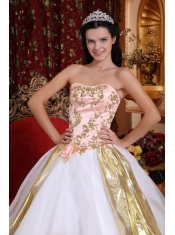 White Ball Gown Strapless Floor-length Organza Beading and Appliques Quinceanera Dress