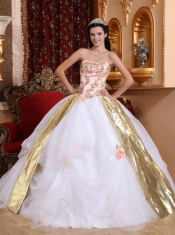 White Ball Gown Strapless Floor-length Organza Beading and Appliques Quinceanera Dress