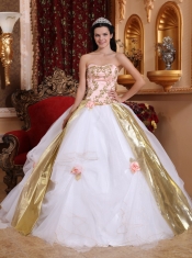 White Ball Gown Strapless Floor-length Organza Beading and Appliques Quinceanera Dress