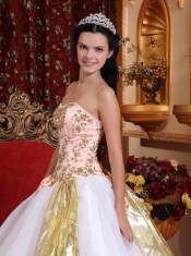 White Ball Gown Strapless Floor-length Organza Beading and Appliques Quinceanera Dress