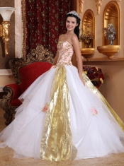 White Ball Gown Strapless Floor-length Organza Beading and Appliques Quinceanera Dress