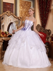 White Ball Gown Strapless Floor-length Organza Beading Quinceanera Dress