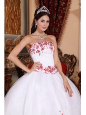 White Ball Gown Strapless Floor-length Organza Embroidery Quinceanera Dress