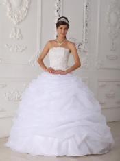 White Ball Gown Strapless Floor-length Organza Lace Quinceanera Dress