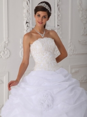 White Ball Gown Strapless Floor-length Organza Lace Quinceanera Dress