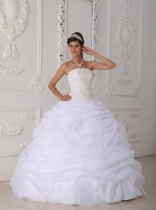 White Ball Gown Strapless Floor-length Organza Lace Quinceanera Dress