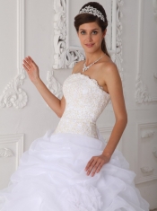 White Ball Gown Strapless Floor-length Organza Lace Quinceanera Dress