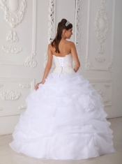 White Ball Gown Strapless Floor-length Organza Lace Quinceanera Dress