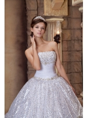 White Ball Gown Strapless Floor-length Pick-ups Sequins Quinceanera Dress