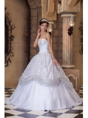 White Ball Gown Strapless Floor-length Pick-ups Sequins Quinceanera Dress