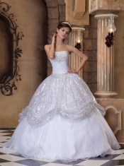 White Ball Gown Strapless Floor-length Pick-ups Sequins Quinceanera Dress