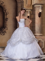 White Ball Gown Strapless Floor-length Pick-ups Sequins Quinceanera Dress