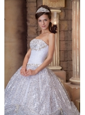 White Ball Gown Strapless Floor-length Pick-ups Sequins Quinceanera Dress