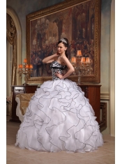 White Ball Gown Strapless Floor-length Ruffles Organza and Zebra Quinceanera Dress