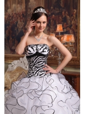 White Ball Gown Strapless Floor-length Ruffles Organza and Zebra Quinceanera Dress