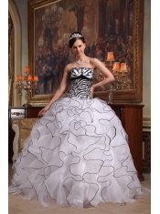 White Ball Gown Strapless Floor-length Ruffles Organza and Zebra Quinceanera Dress