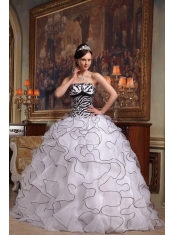 White Ball Gown Strapless Floor-length Ruffles Organza and Zebra Quinceanera Dress