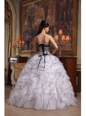 White Ball Gown Strapless Floor-length Ruffles Organza and Zebra Quinceanera Dress