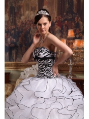 White Ball Gown Strapless Floor-length Ruffles Organza and Zebra Quinceanera Dress