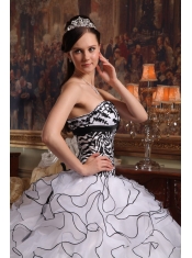 White Ball Gown Strapless Floor-length Ruffles Organza and Zebra Quinceanera Dress
