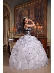 White Ball Gown Strapless Floor-length Ruffles Organza and Zebra Quinceanera Dress
