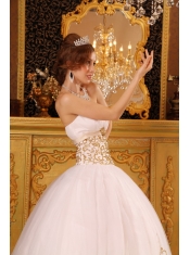 Baby Pink Ball Gown Strapless Floor-length Satin and Organza Appliques Quinceanera Dress