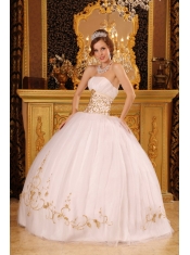 Baby Pink Ball Gown Strapless Floor-length Satin and Organza Appliques Quinceanera Dress