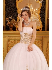 Baby Pink Ball Gown Strapless Floor-length Satin and Organza Appliques Quinceanera Dress