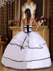 White Ball Gown Strapless Floor-length Satin and Organza Appliques Sweet 16 Dress