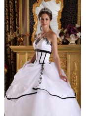 White Ball Gown Strapless Floor-length Satin and Organza Appliques Sweet 16 Dress