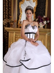 White Ball Gown Strapless Floor-length Satin and Organza Appliques Sweet 16 Dress