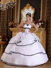 White Ball Gown Strapless Floor-length Satin and Organza Appliques Sweet 16 Dress